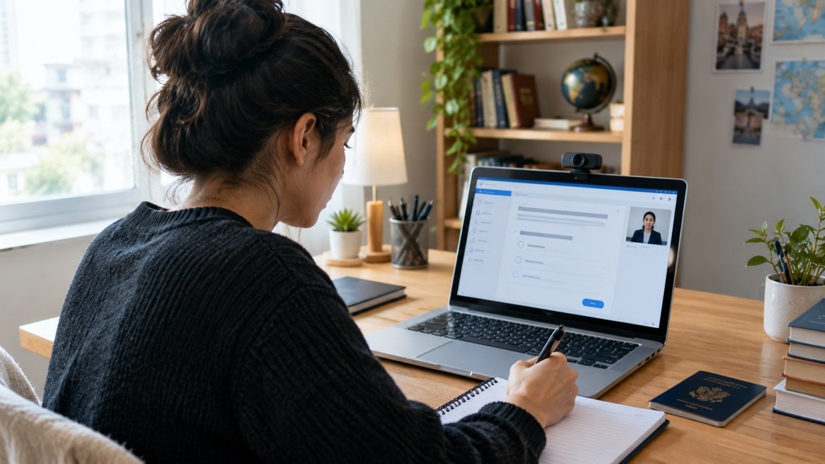International student completing an online scholarship application