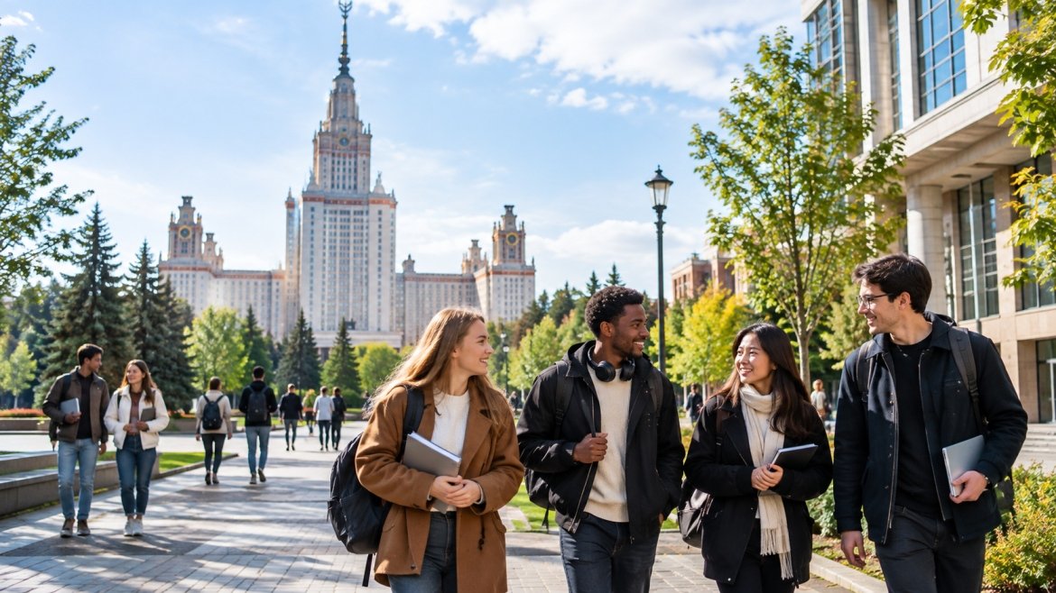 International students walking on a Russian university campus