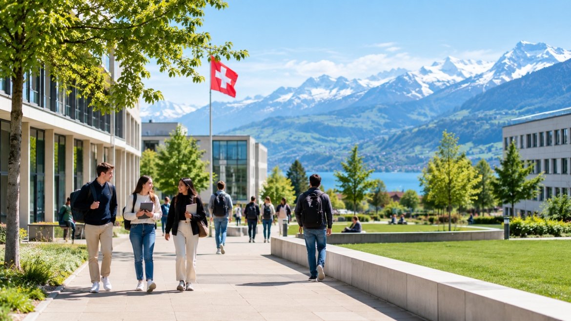 International students walking on a Swiss university campus